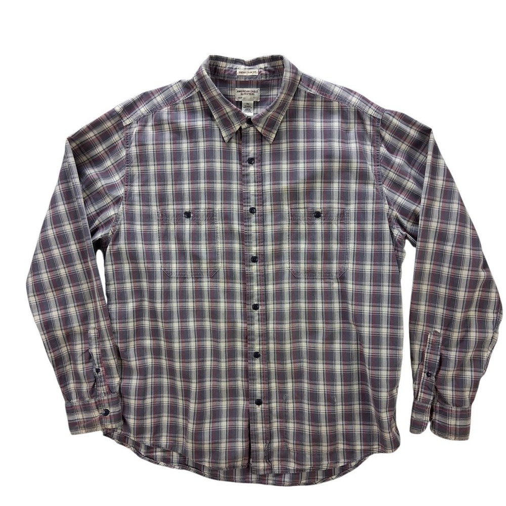 American Eagle Mens XL Plaid Button Up Shirt Vintage Slim Fit Gray Red Cotton